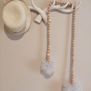 Wooden Bead Garland with White Tulle PomPom