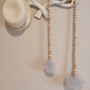 Wooden Bead Garland with Silver Tulle PomPom