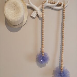 Wooden Bead Garland with Lilac Tulle PomPom