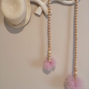 Wooden Bead Garland with Pink Tulle PomPom