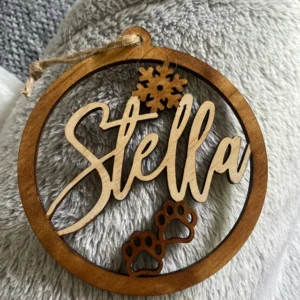 Laser cut Christmas tree baubles or gift tags, personalised with name - for friends or family.